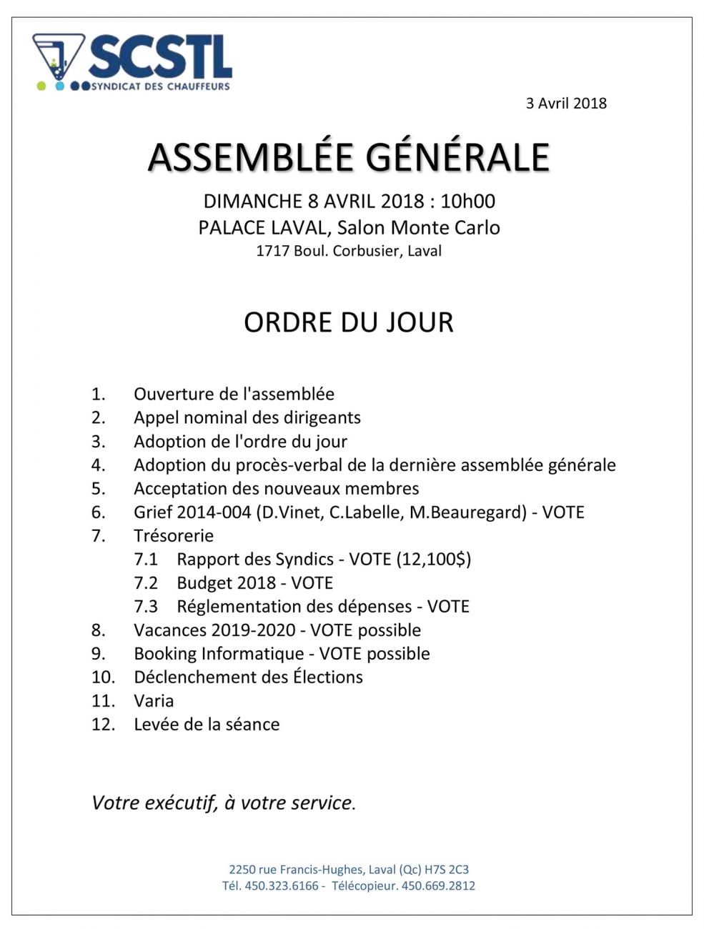 8 Avril 2018: Assemblée Générale Régulière