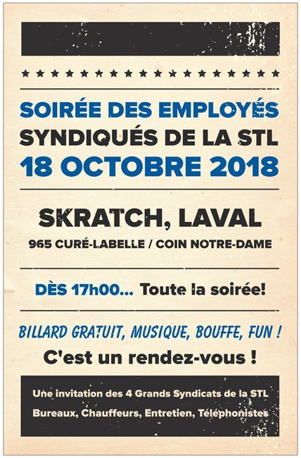Soirée des employés syndiqués de la STL: 18 octobre 2018