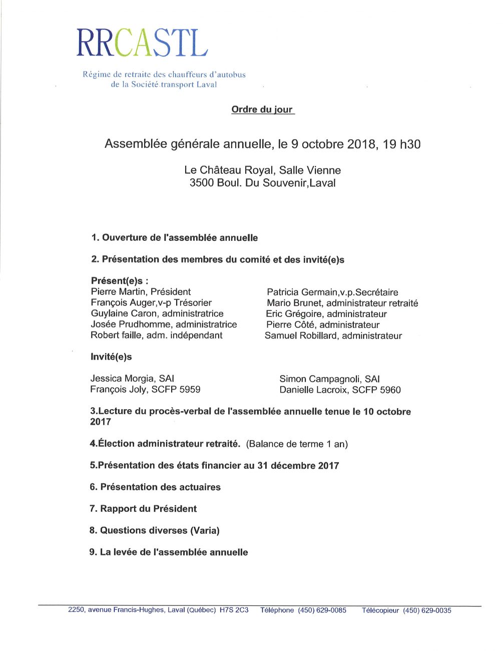 RRCASTL: Assemblée générale annuelle.
