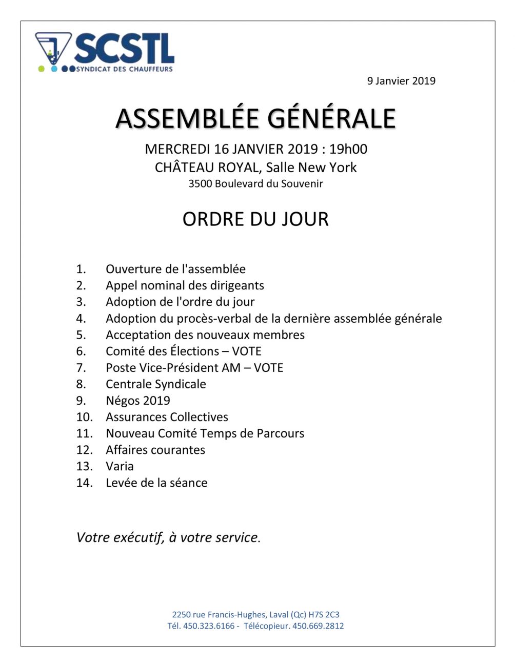 16 Janvier 2019 : Assemblée Générale Régulière