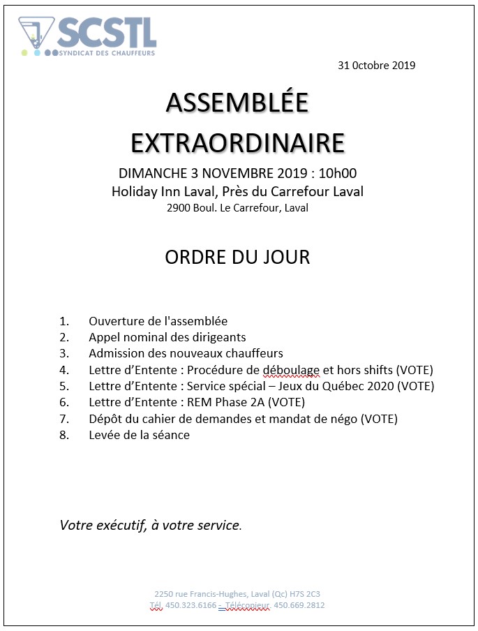 ASSEMBLÉE EXTRAORDINAIRE ORDRE DU JOUR 3 NOVEMBRE 2019