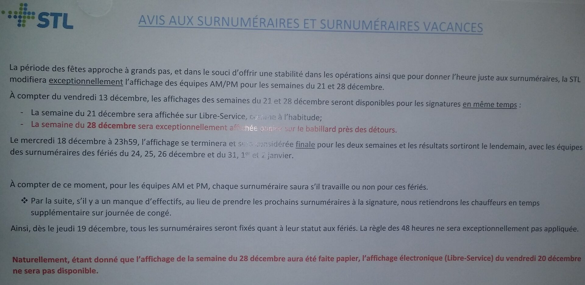 AFFICHAGE SURNUMÉRAIRES ET SURNUMÉRAIRES VACANCE PÉRIODE DES FÊTES 2019