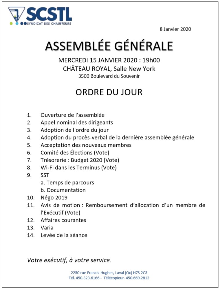 15 JANVIER 2020: Assemblée Générale Régulière