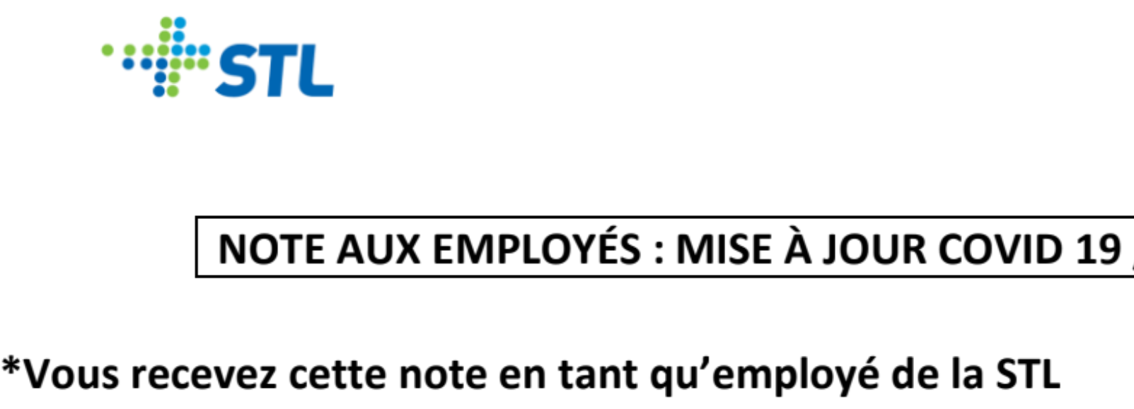 NOTE AUX EMPLOYÉS : MISE À JOUR COVID-16 AVRIL