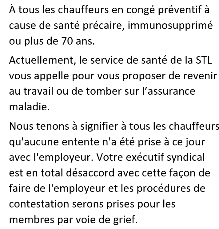 MESSAGE AU CHAUFFEUR EN RETRAIT  POUR SANTÉ À RISQUE COVID-19