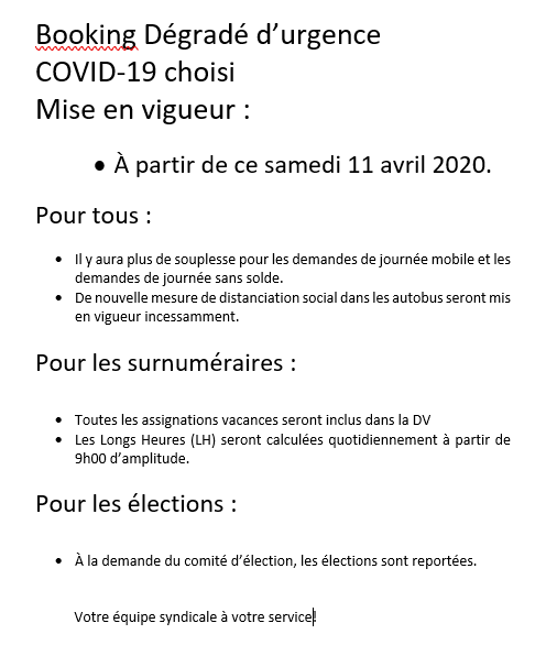 BOOKING DÉGRADÉ D&rsquo;URCENCE MISE EN VIGUEUR 11 AVRIL 2020