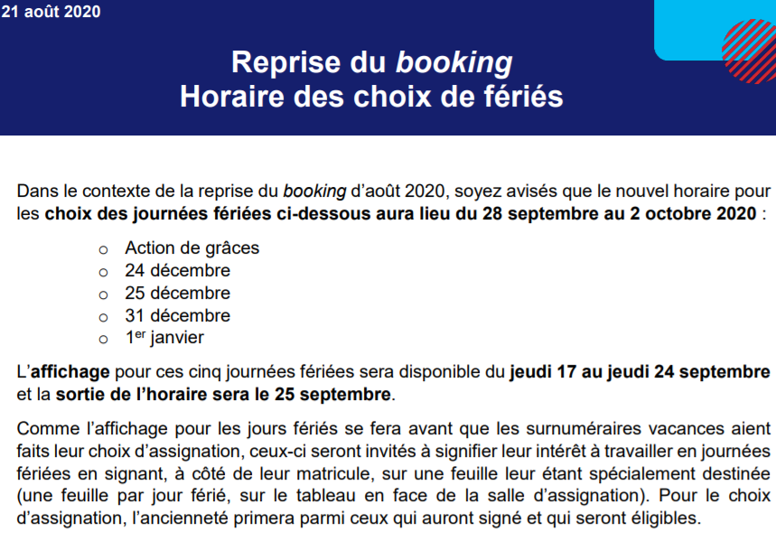 NOUVELLE HORAIRE CHOIX DES JOURNÉES FÉRIÉES AUTOMNE-HIVER 2020