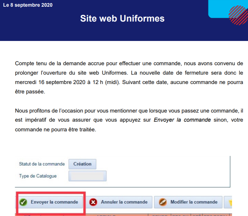 FERMETURE SITE WEB UNIFORME CE 16-09: FAITE VOS COMMANDES!