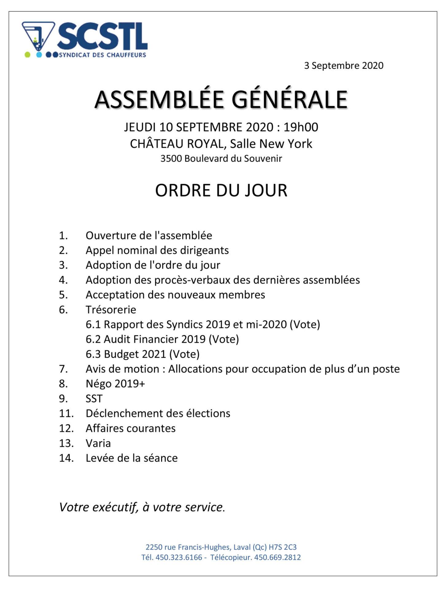 2020-09-10 : Ordre du jour Assemblée Générale Régulière