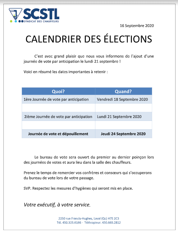 AJOUT D&rsquo;UNE JOURNÉE DE VOTE PAR ANTICIPATION LE 21 SEPTEMBRE 2020