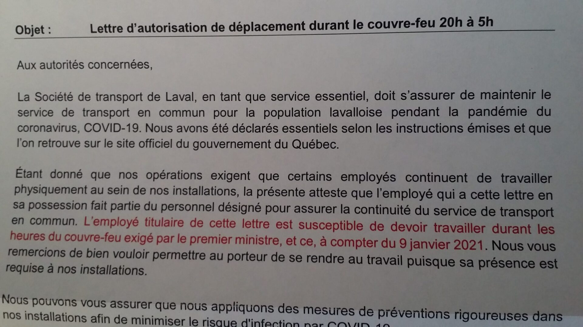 Lettre d&rsquo;autorisation de déplacement durant le couvre feu