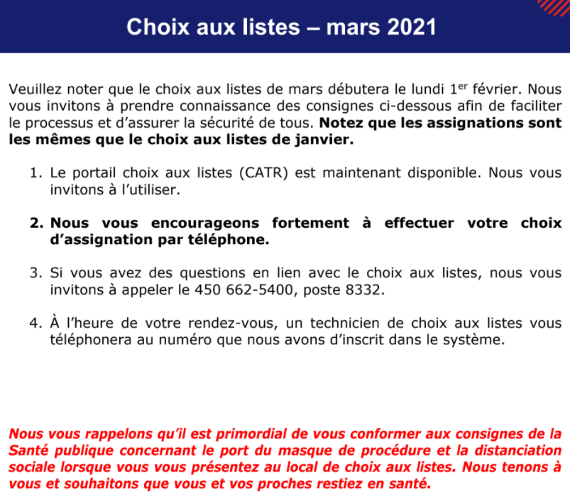 HORAIRE BOOKING DE MARS 2021