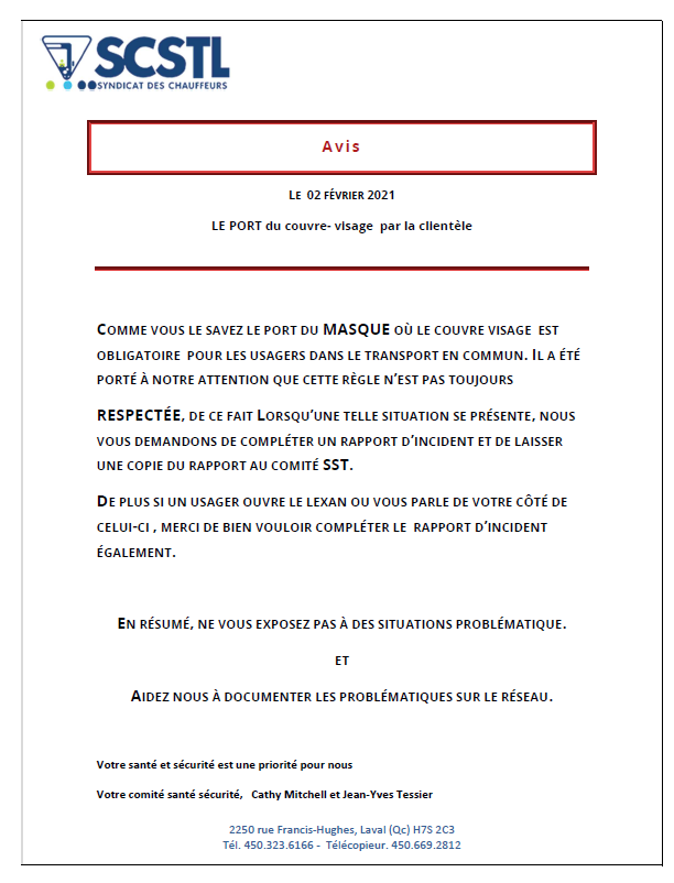 AVIS PORT DU MASQUE DANS LES BUS 2021-02-02