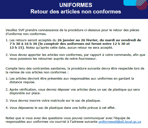 RAPPEL RETOUR D&rsquo;UNIFORME 2021-02-22
