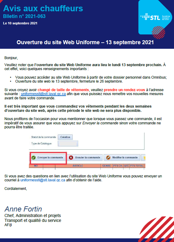 FERMETURE SITE WEB UNIFORME CE 26-09: FAITE VOS COMMANDES!
