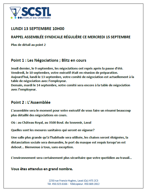 RAPPEL: 15 SEPTEMBRE 2021: ASSEMBLÉE GÉNÉRALE RÉGULIÈRE