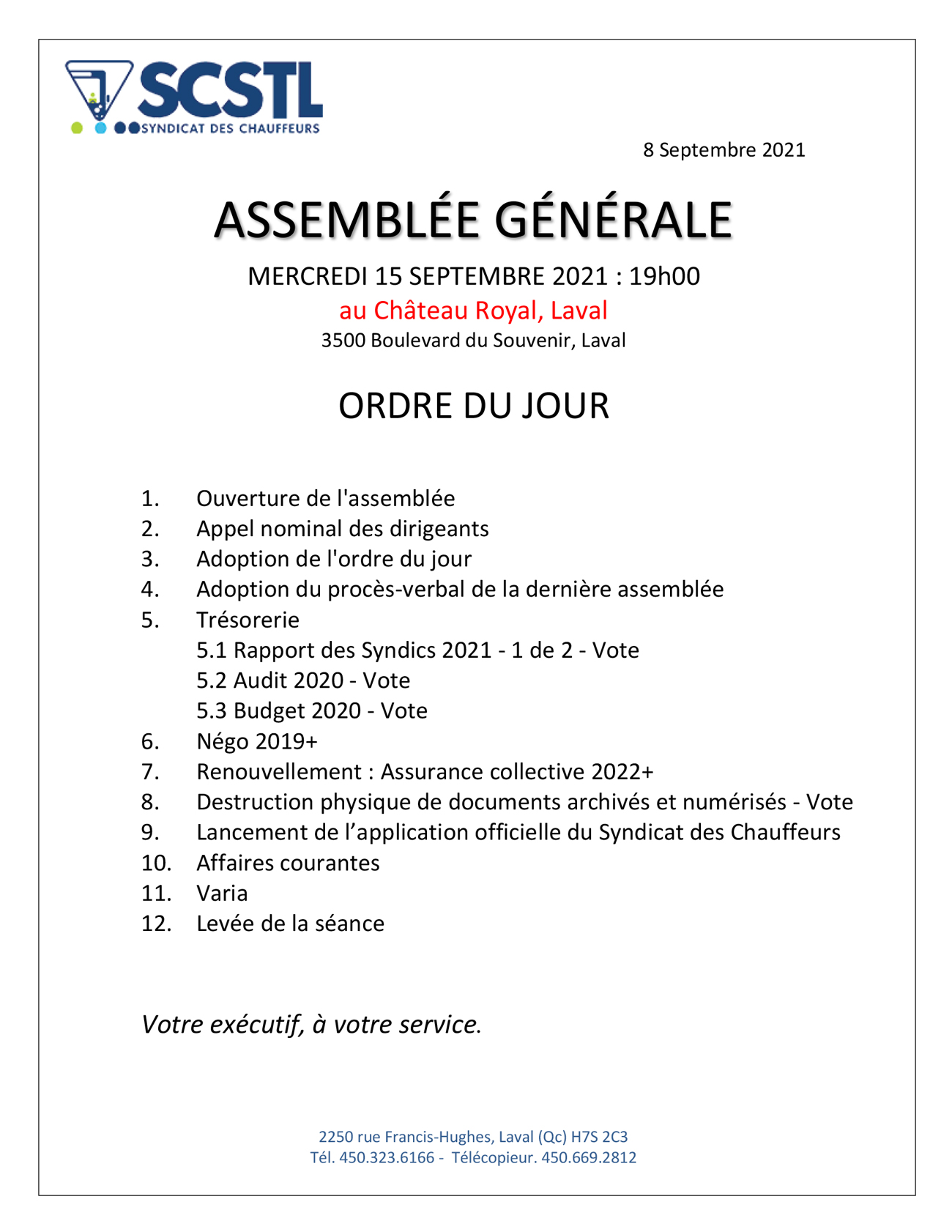 15 SEPTEMBRE 2021: ASSEMBLÉE GÉNÉRALE RÉGULIÈRE