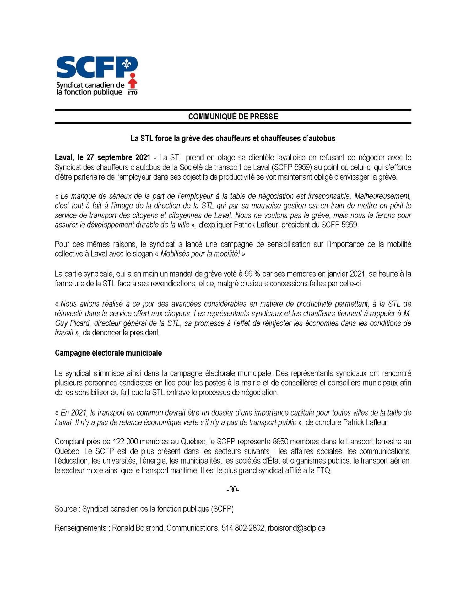 2021-09-27 COMMUNIQUÉ DE PRESSE