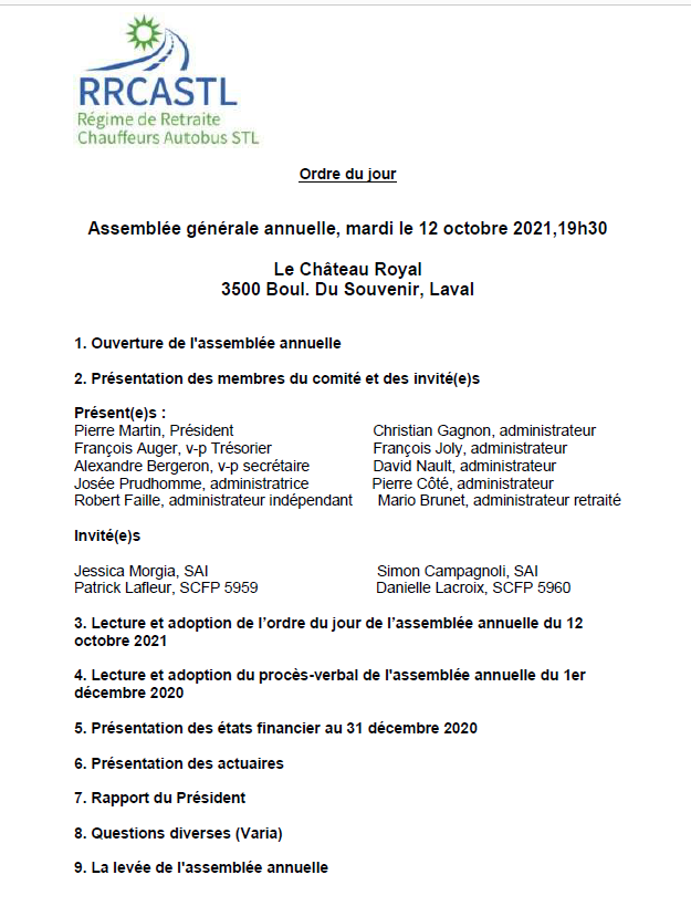 12 OCTOBRE 2021: ASSEMBLÉE ANNUELLE RÉGIME DE RETRAITE