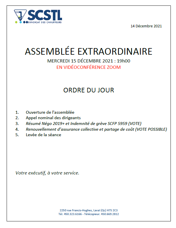 ASSEMBLÉE EXTRAORDINAIRE MERCREDI 15 DÉCEMBRE 2021 : 19h00