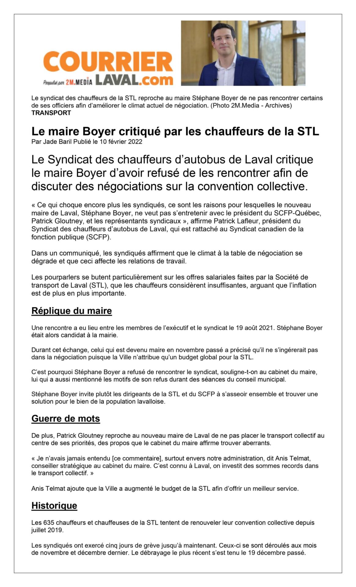 2022-02-11 COURRIER LAVAL RÉACTION DU MAIRE SUITE AU COMMUNIQUÉ DU SCFP