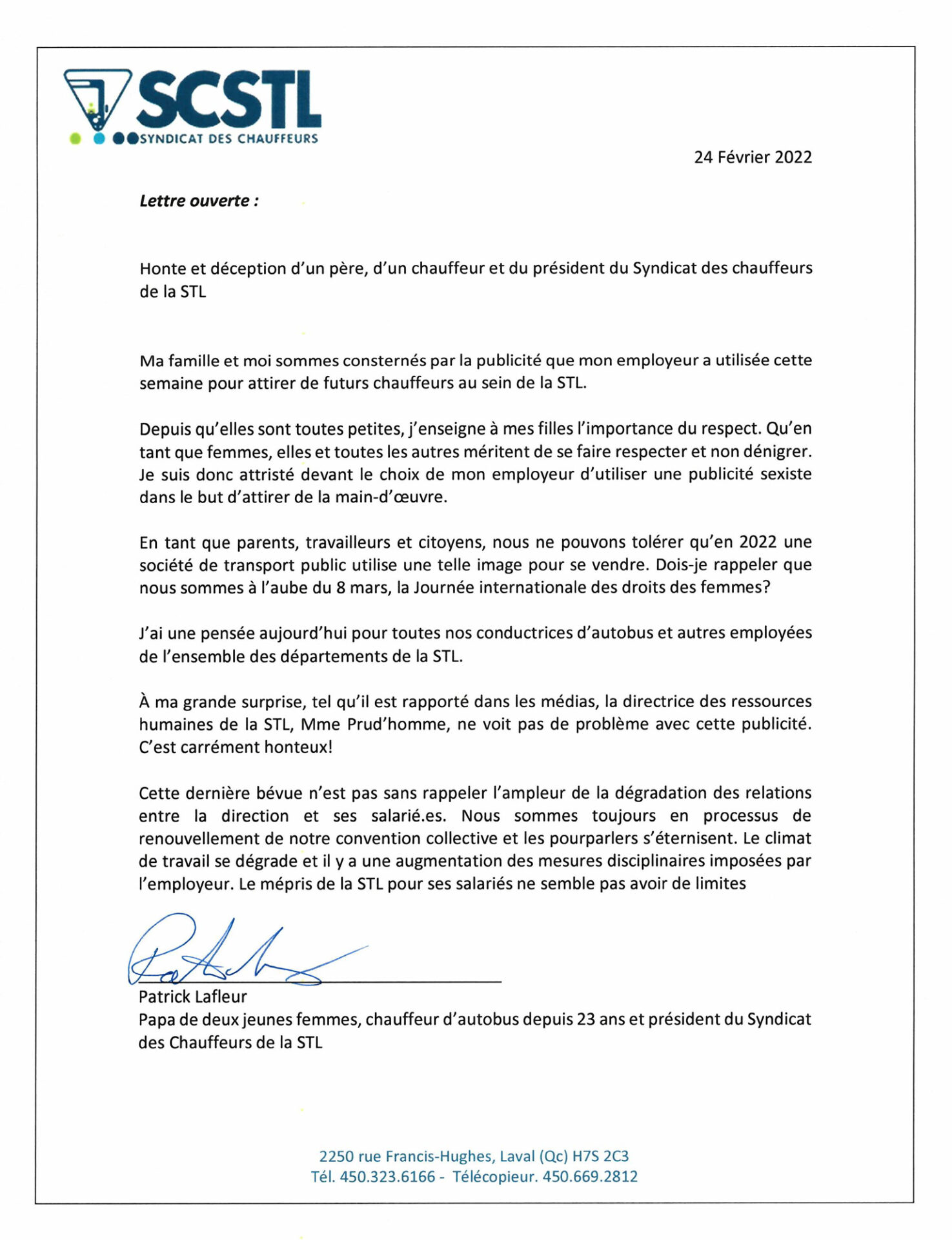 2022-02-24 – Lettre ouverte du Président – Publicité STL