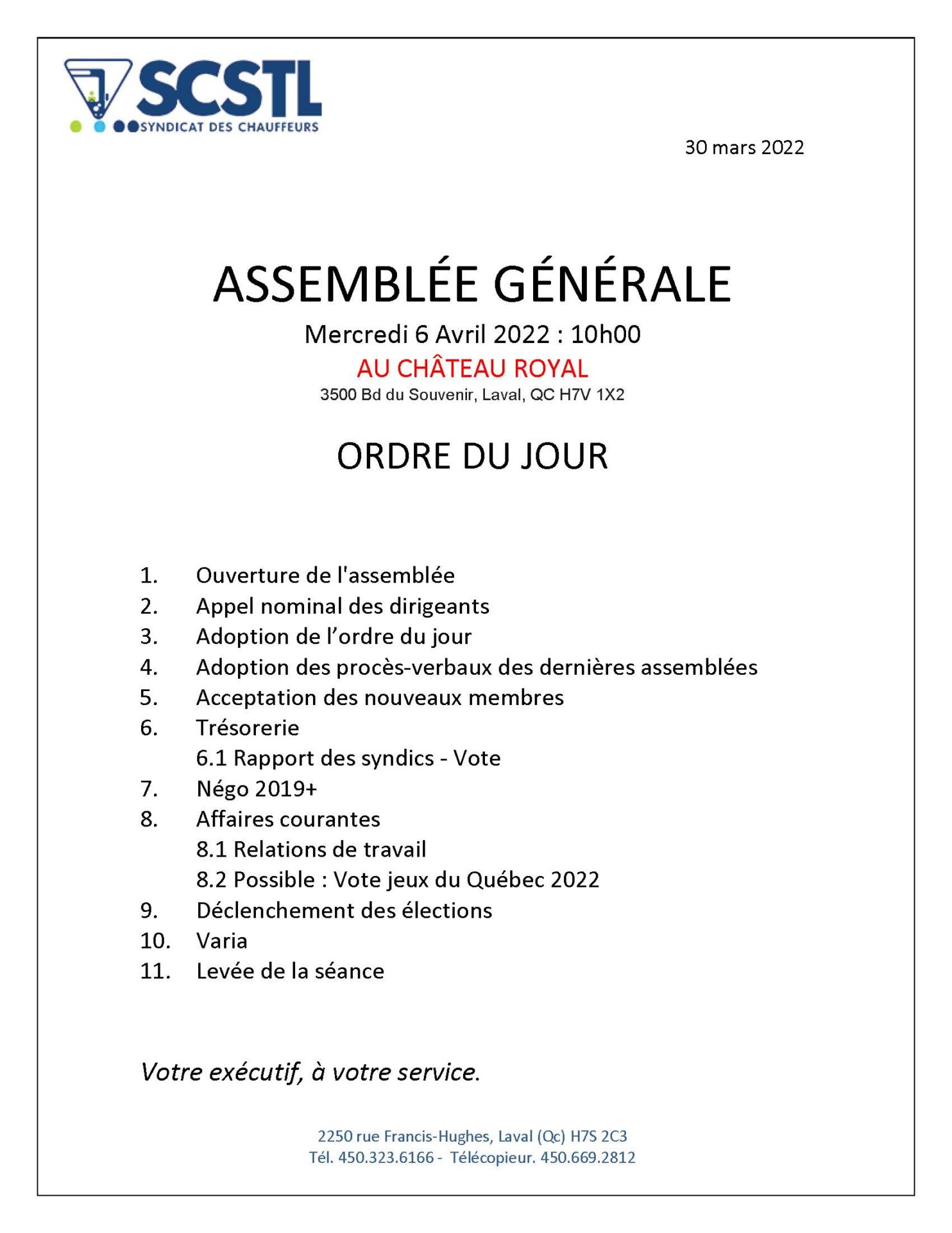 6 AVRIL 2022: ASSEMBLÉE GÉNÉRALE RÉGULIÈRE