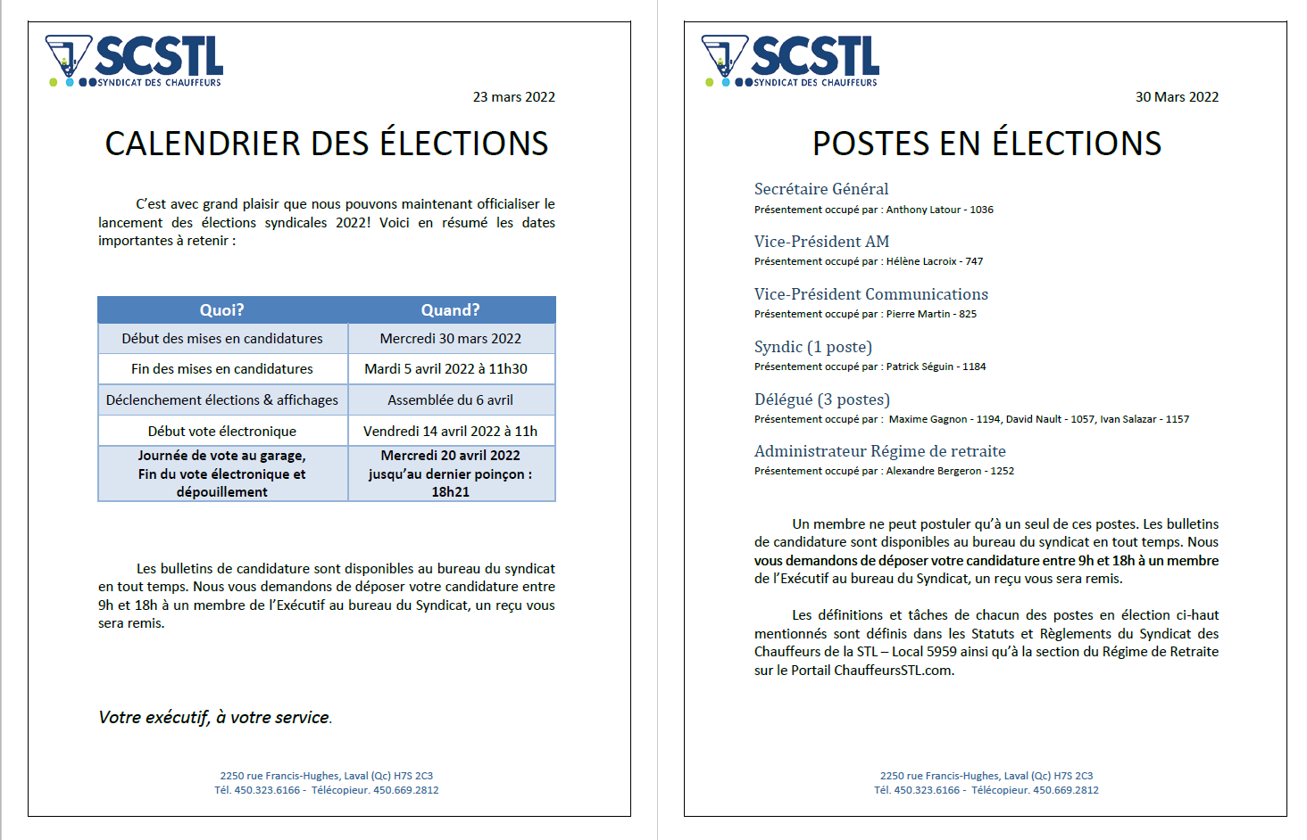 2022-03-30 MISE À JOUR ERRATUM: DÉBUT DES MISES EN CANDIDATURE: Élections 2022 – Calendrier et postes