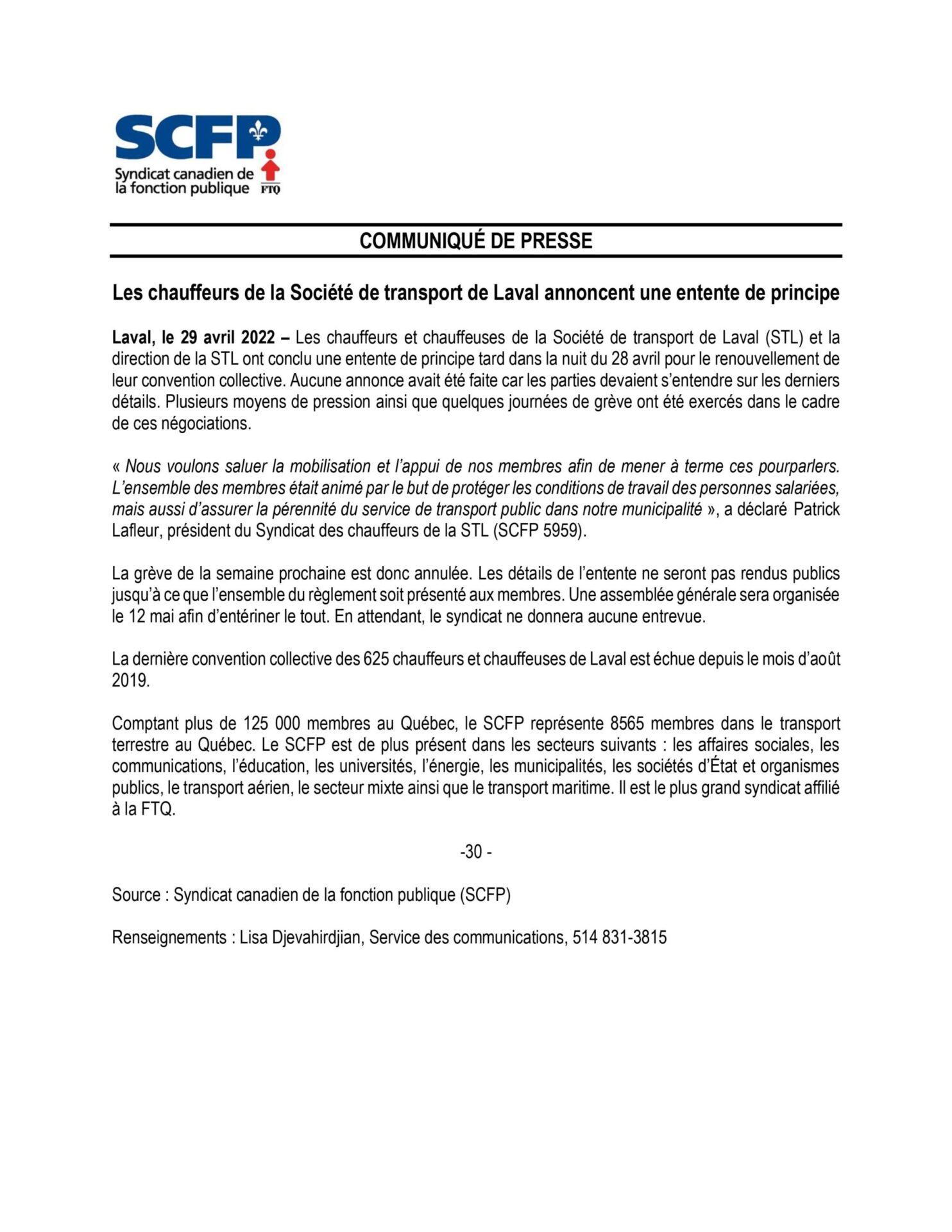 2022-04-29 Publication suite à l&rsquo;entente de principe sur notre prochaine convention SCFP et FTQ