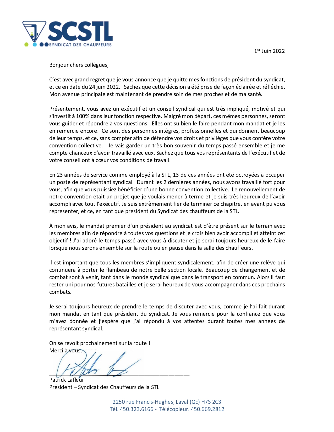 Important : Message de votre Président