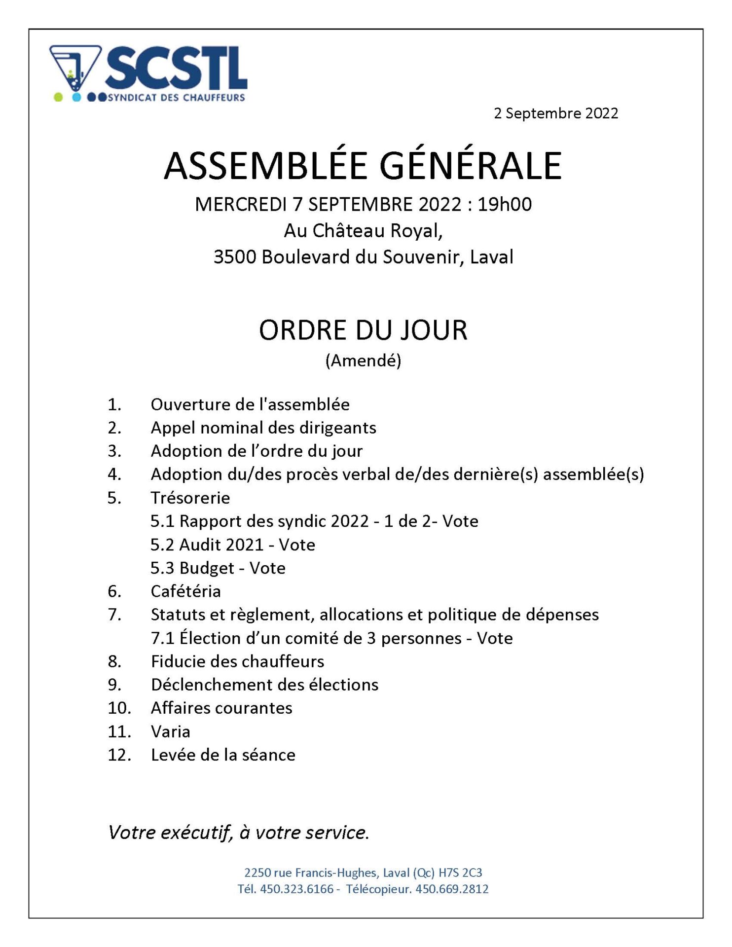 2022-09-06 Rappel: Demain 7 SEPTEMBRE 2022: ASSEMBLÉE GÉNÉRALE RÉGULIÈRE
