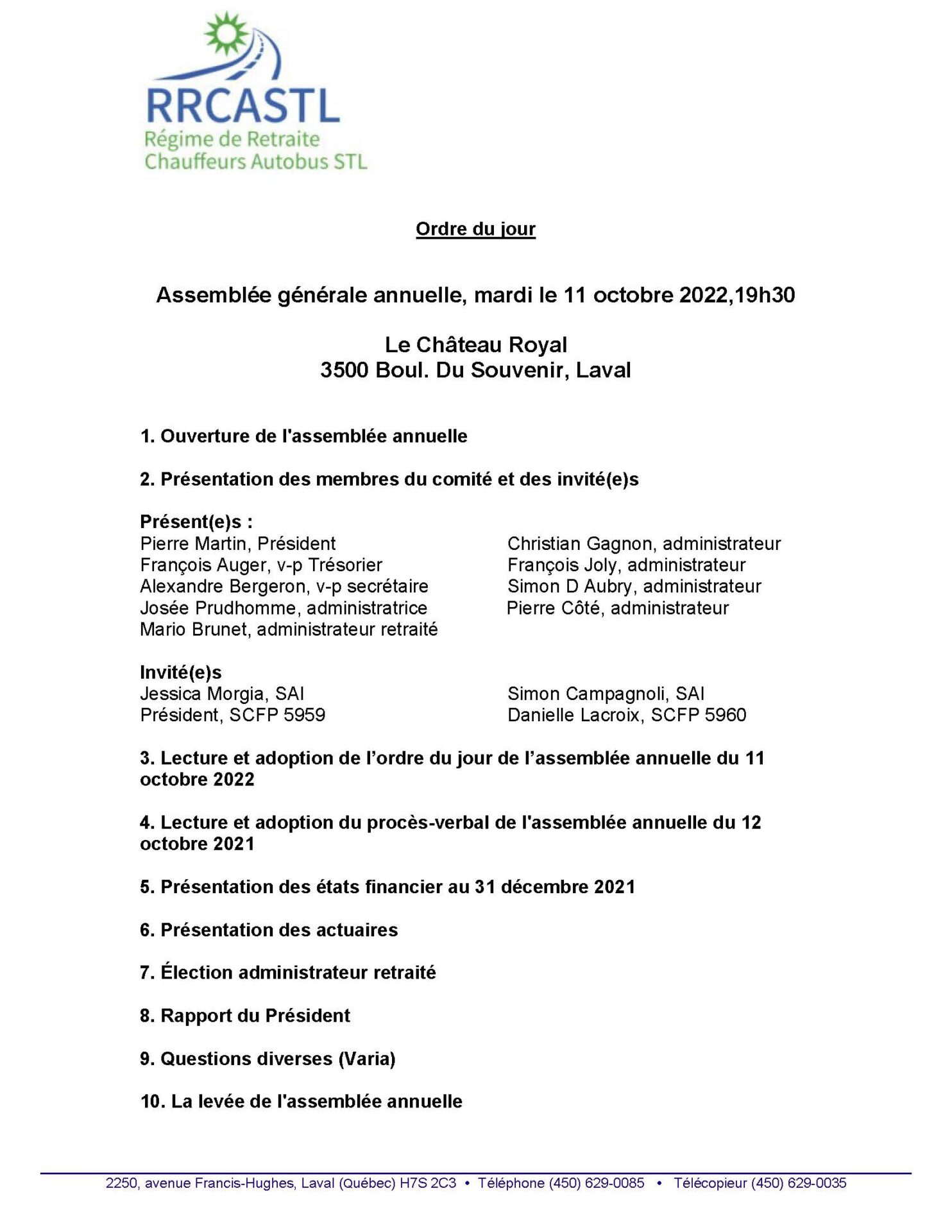 2022-10-11 Rappel ce soir: Assemblée annuelle régime de retraite