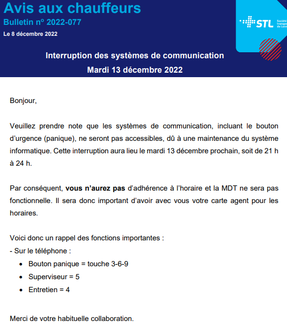 2022-12-12 Interruption des systèmes de communication