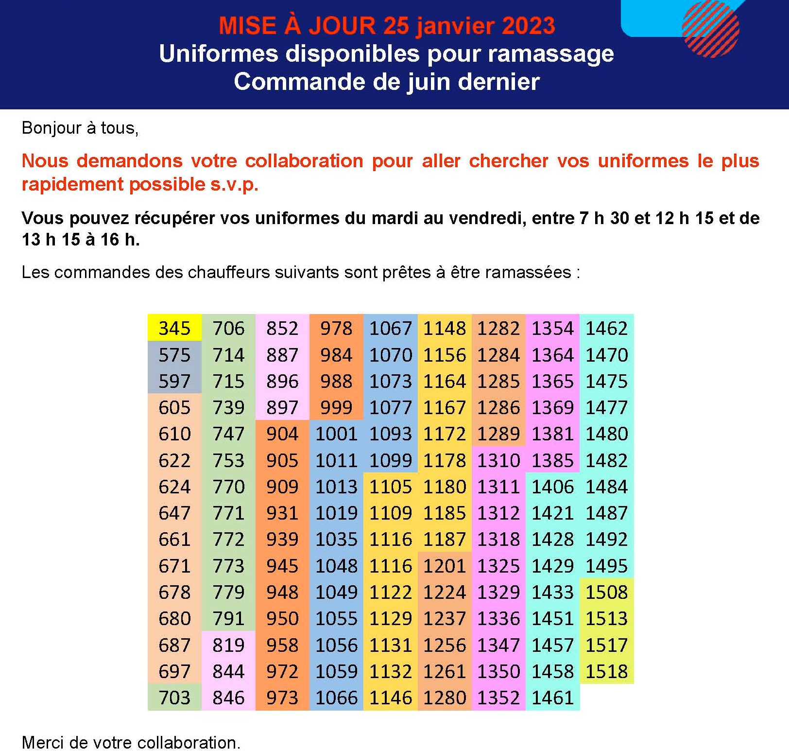 2023-01-25 Rappel commandes d&rsquo;uniformes disponible pour ramassage