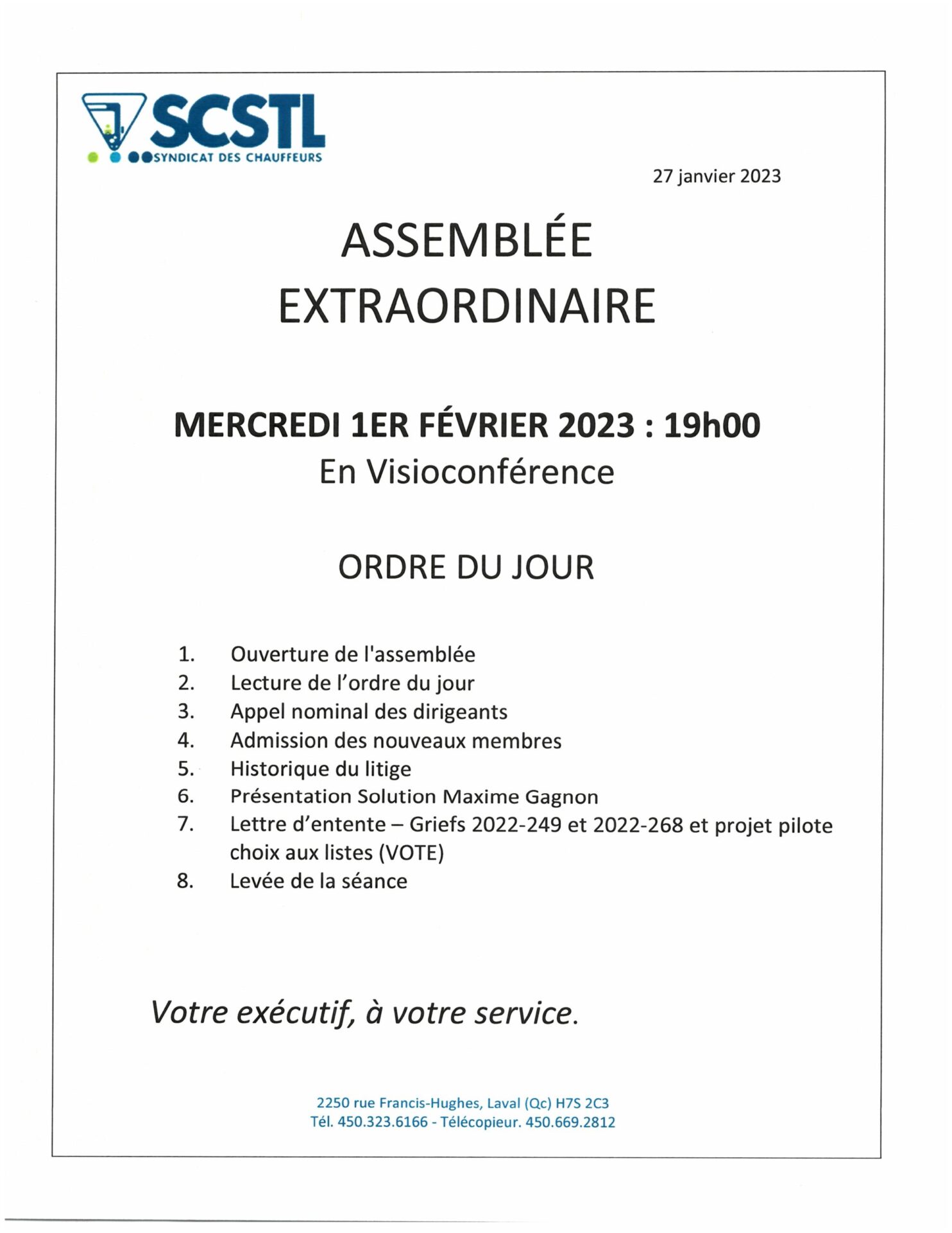 Assemblée Extraordinaire mercredi 1er février 2023