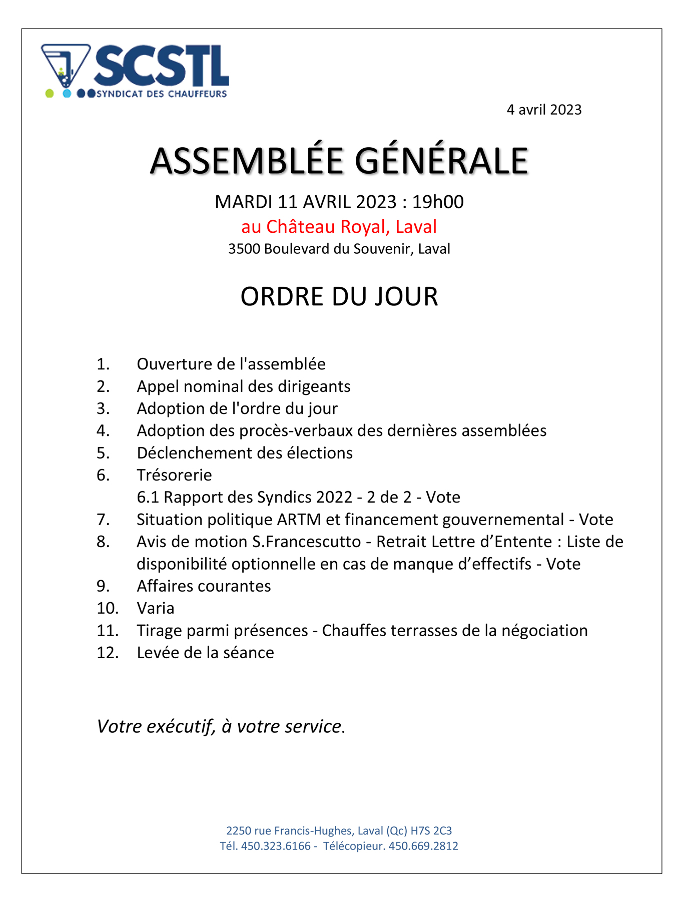 Rappel: 11 AVRIL 2023: Assemblée générale régulière et Fin des mises en candidature