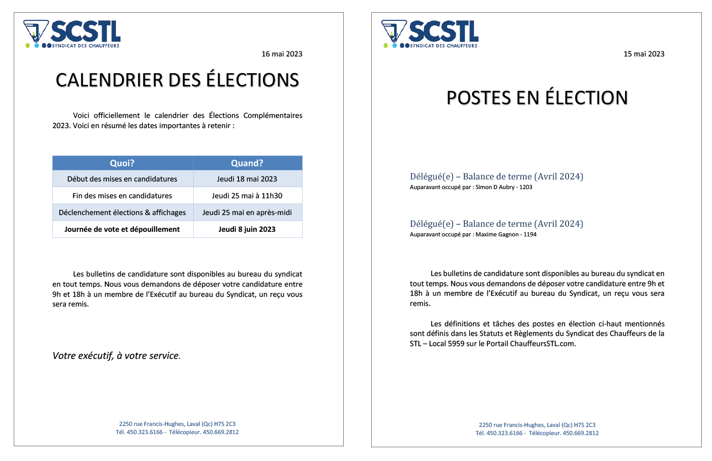 Élections 2023 – Calendrier et postes; 2e ronde d&rsquo;élections
