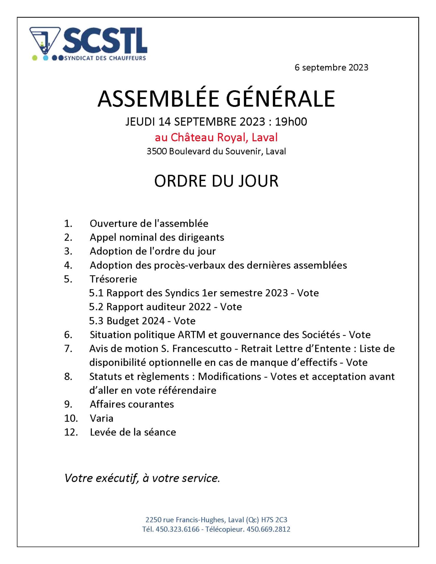 2023-09-13 Rappel: Demain 14 SEPTEMBRE 2023: ASSEMBLÉE GÉNÉRALE RÉGULIÈRE