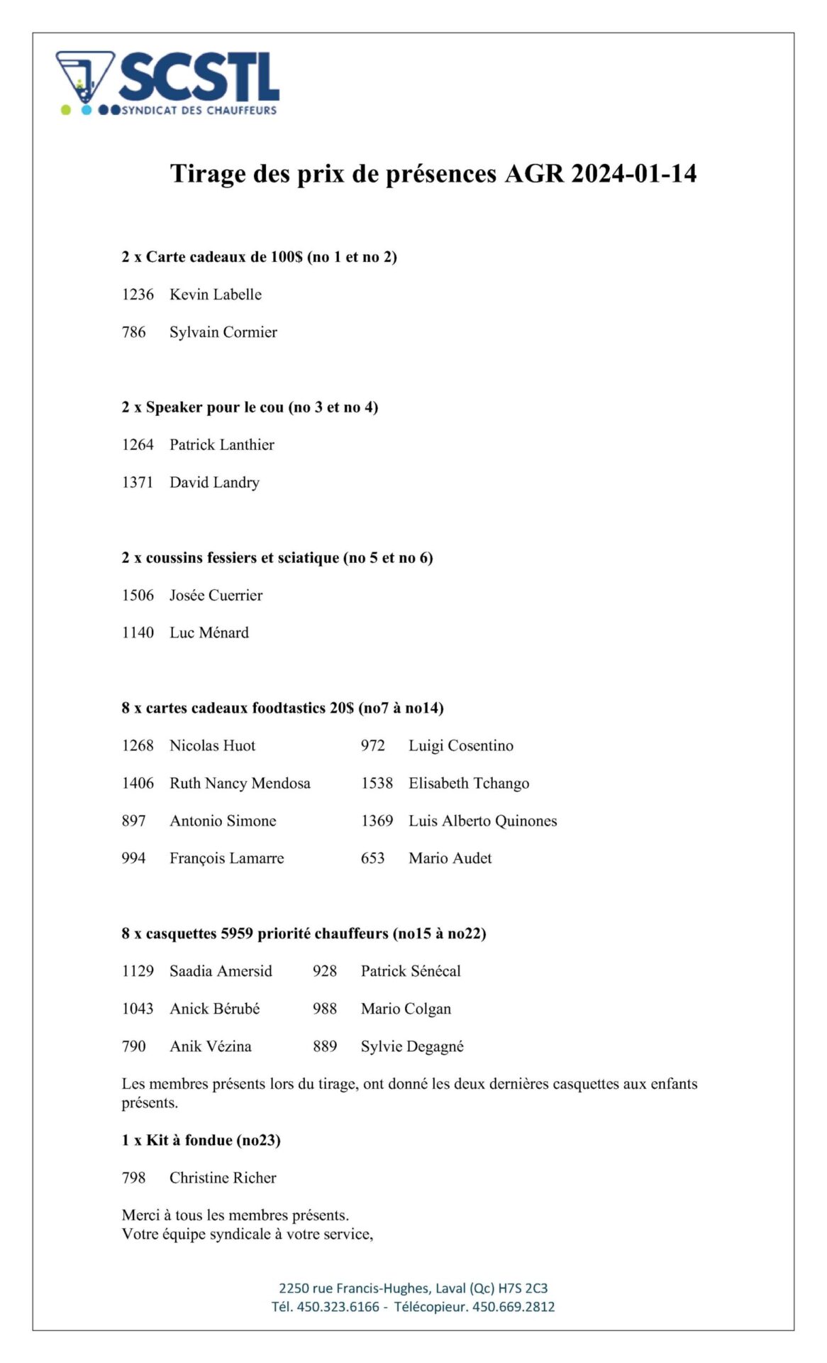 2024-01-19 Tirage des prix de présences Assemblée janvier