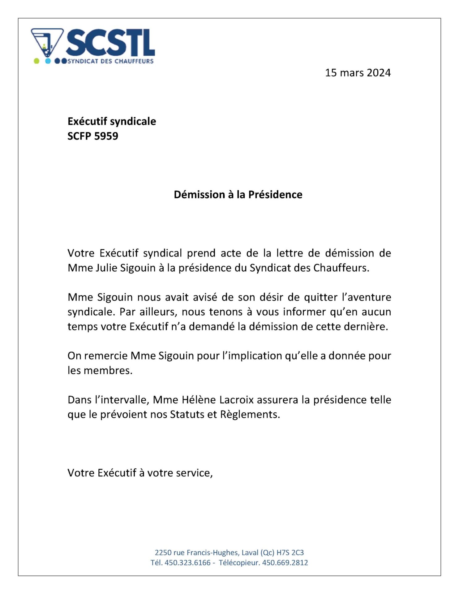 2024-03-15 Avis Exécutif syndical – Démission à la Présidence