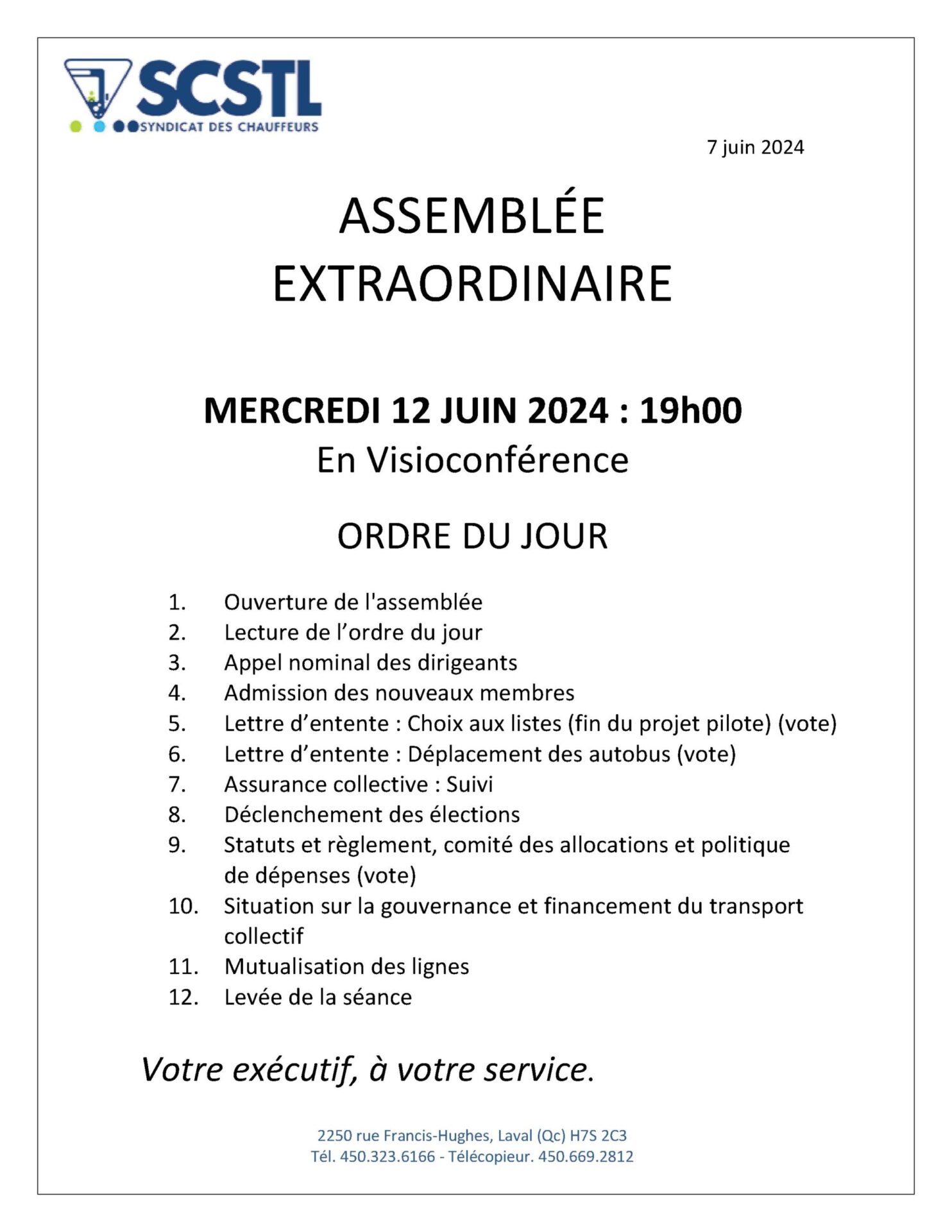 Assemblée Extraordinaire du 12 juin 2024 – Ordre du jour