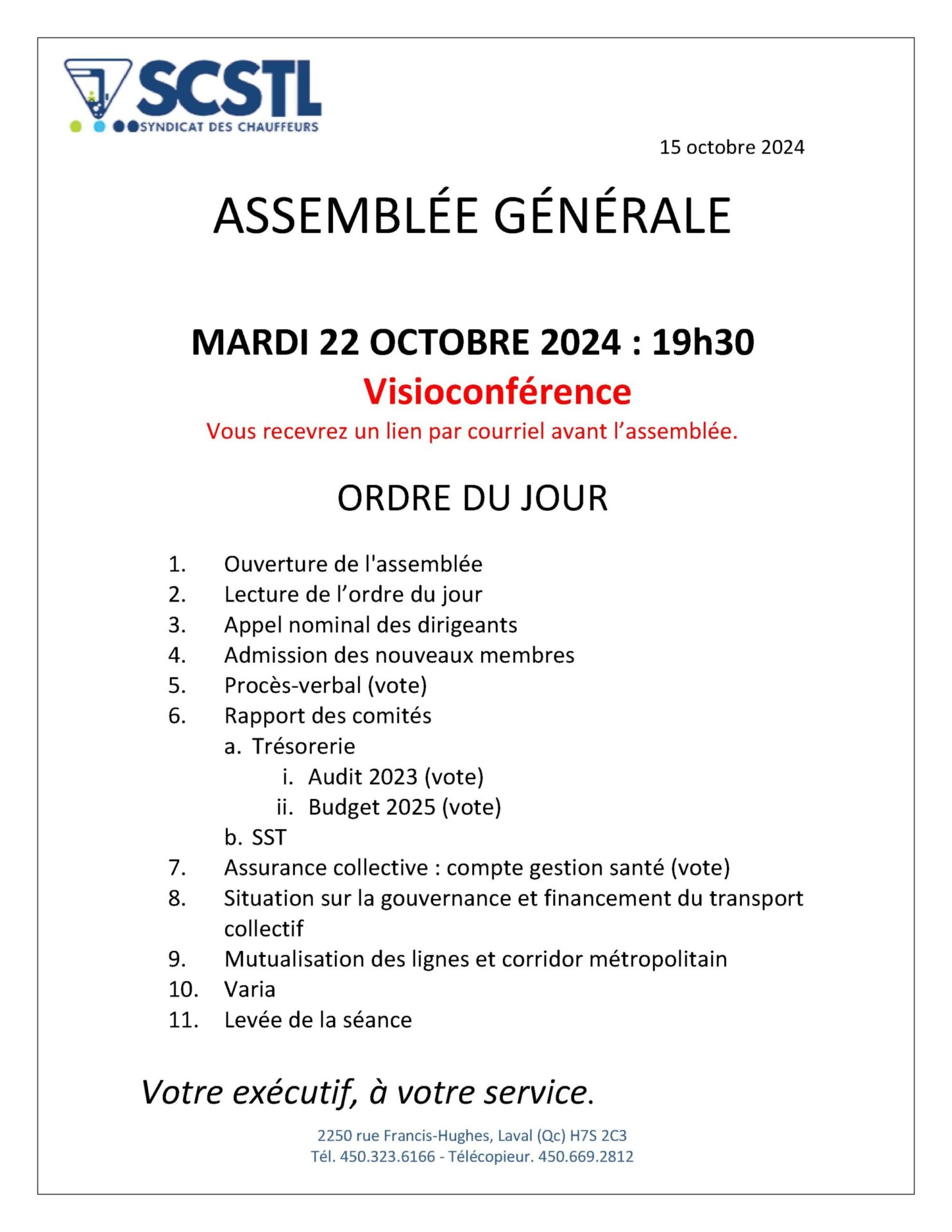 Rappel ce soir : Assemblée générale du 22 octobre 2024