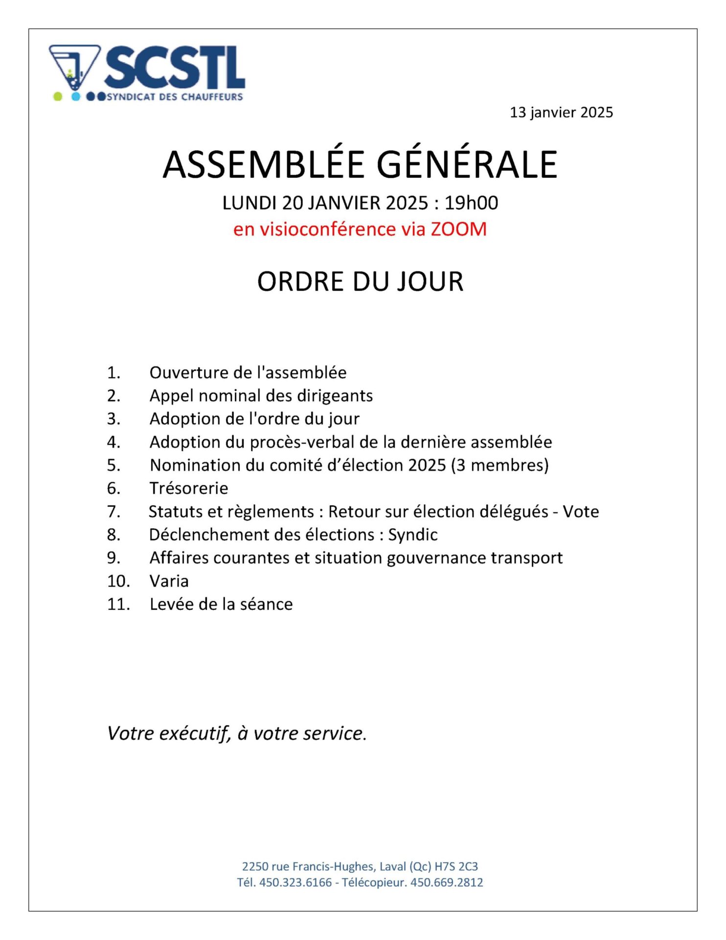 Rappel: Le 20 JANVIER 2025: ASSEMBLÉE GÉNÉRALE RÉGULIÈRE