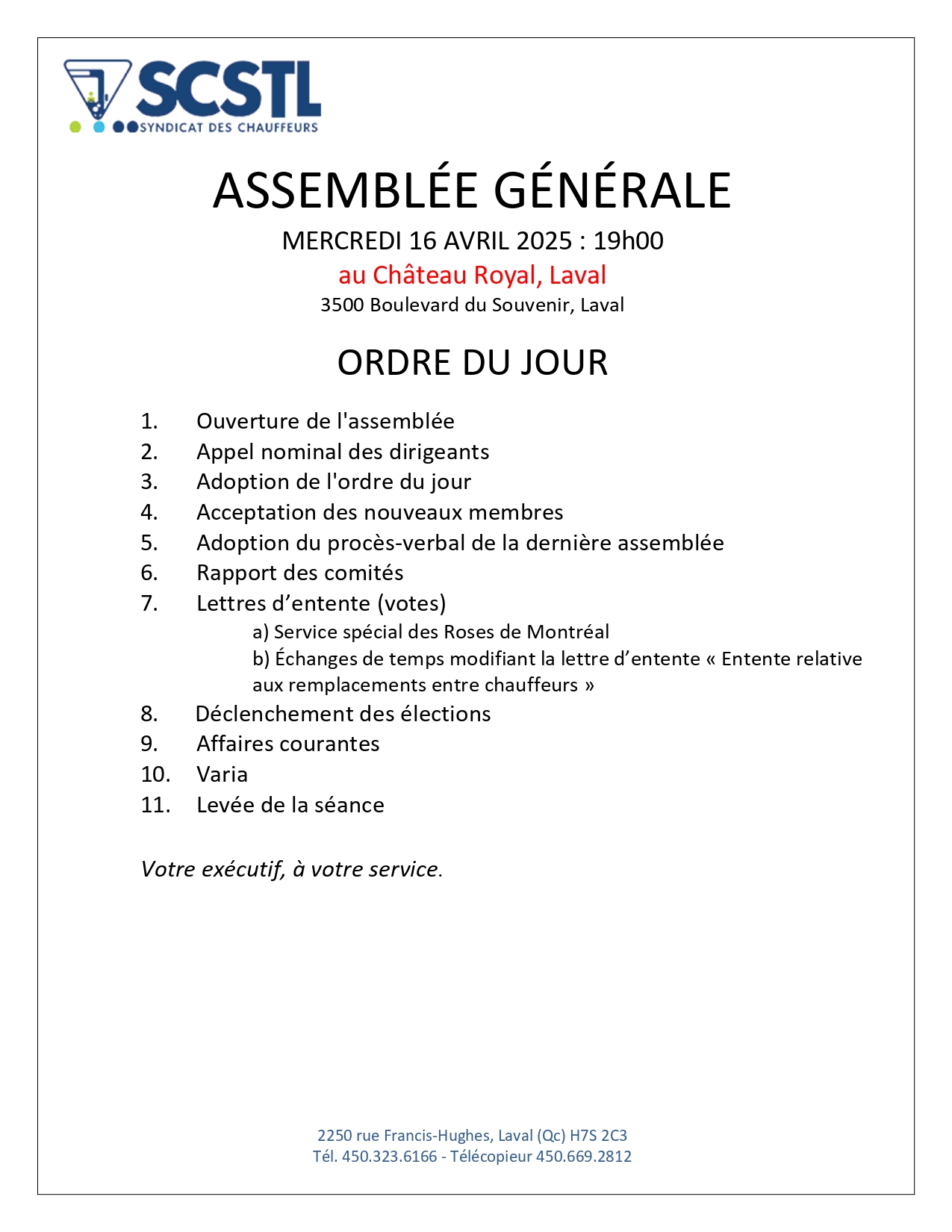Rappel: Ce soir 19h00 16 AVRIL 2025: ASSEMBLÉE GÉNÉRALE RÉGULIÈRE