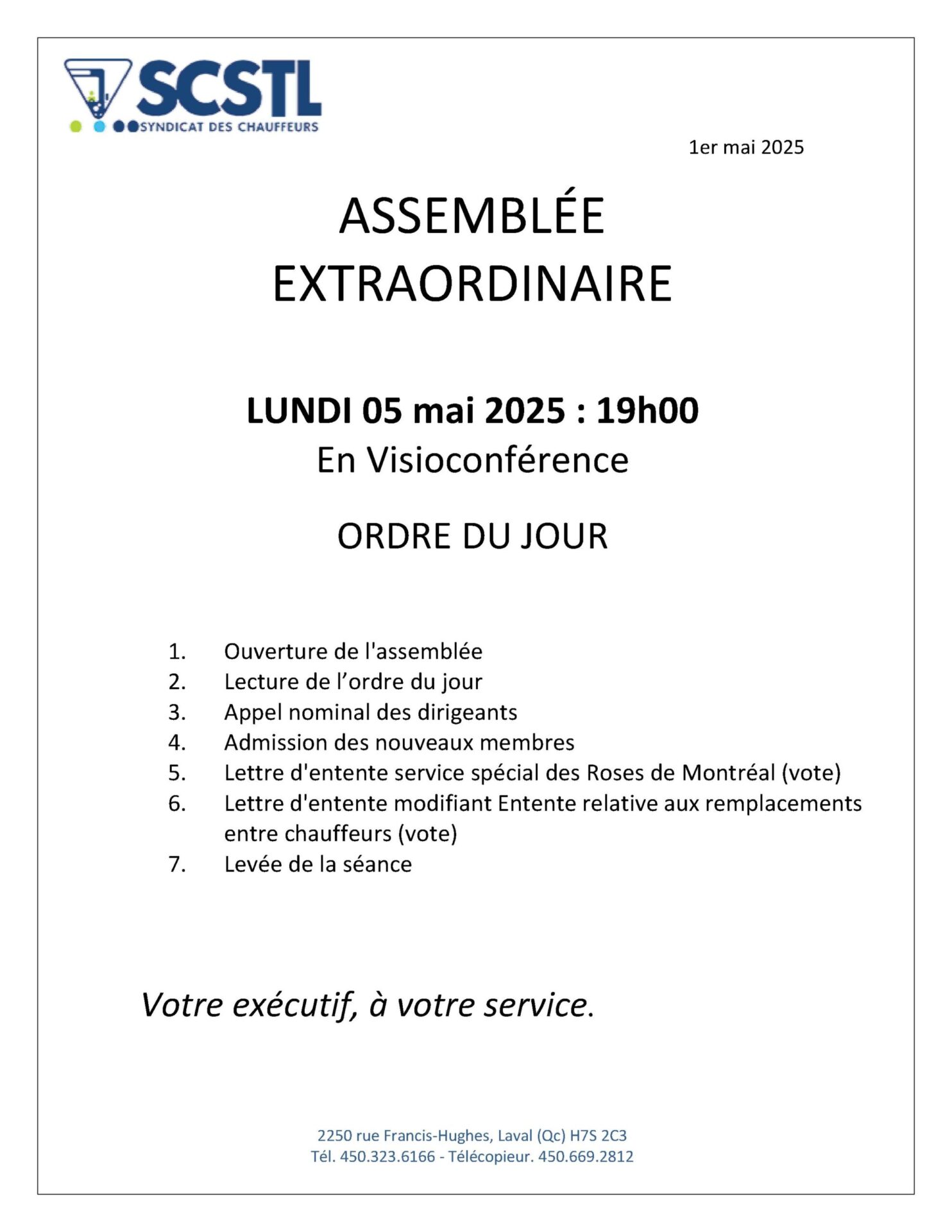 Rappel: Lundi 5 mai Assemblée Extraordinaire – Vidéoconférence – Votes