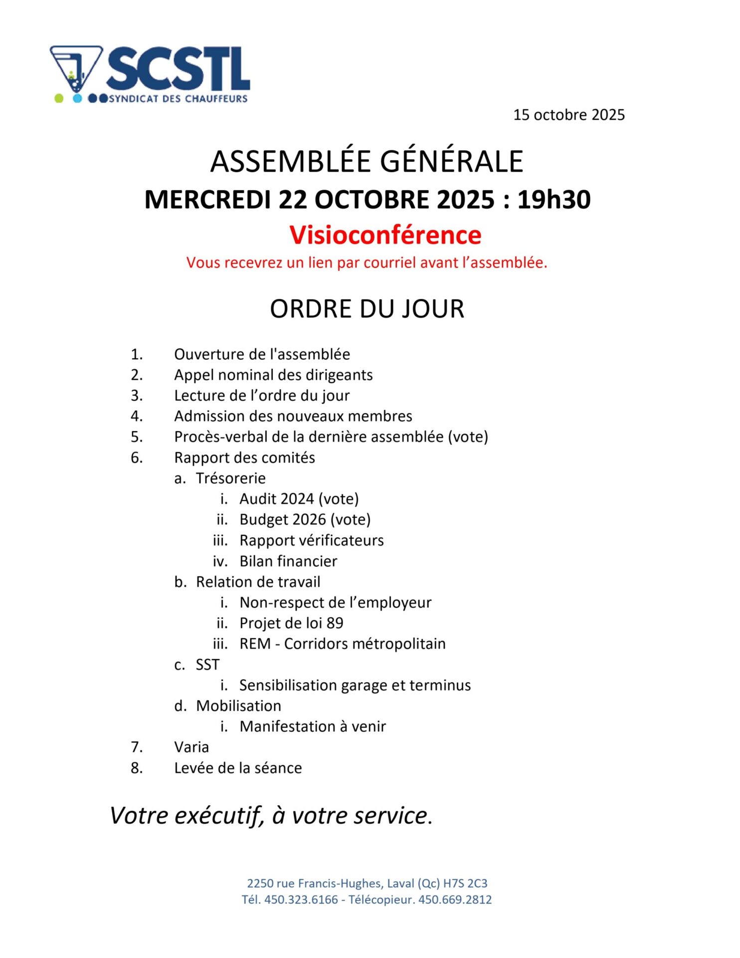 Rappel demain: Mercredi 22 octobre Assemblée régulière – Vidéoconférence – Votes