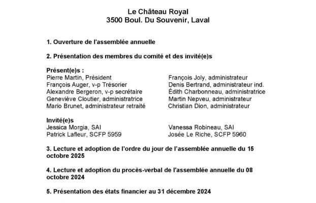 Assemblée annuelle régime de retraite 15 octobre 2025 ordre du jour