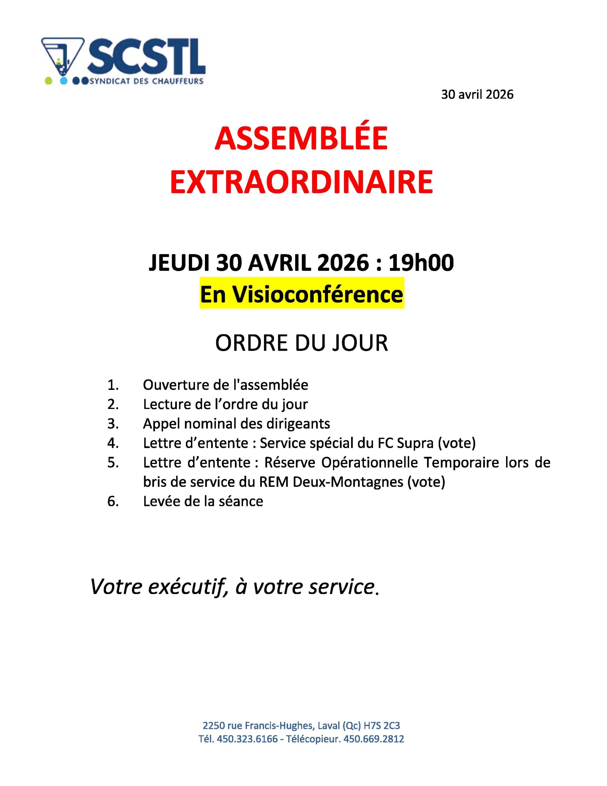 Demain: Jeudi 30 avril 2026 – Assemblée générale