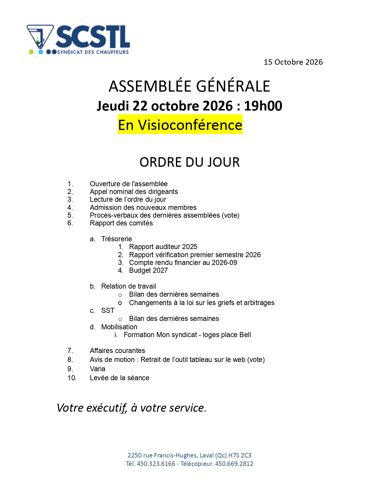ODJ Assemblée générale du 22 octobre 2026